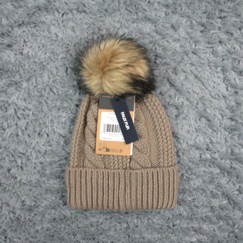 The North Face Hat Beanie Womens One Size Brown Cable Knit Faux Fur Pom NWT
